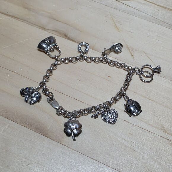 Sterling Silver 925 Rolo Link Charm Bracelet With 8 Charms Measures 7.5 Inches - Picture 1 of 10